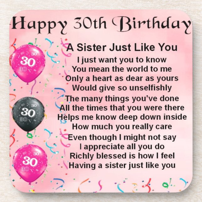 Sister Poem - 30th Birthday Design Coaster (Front)