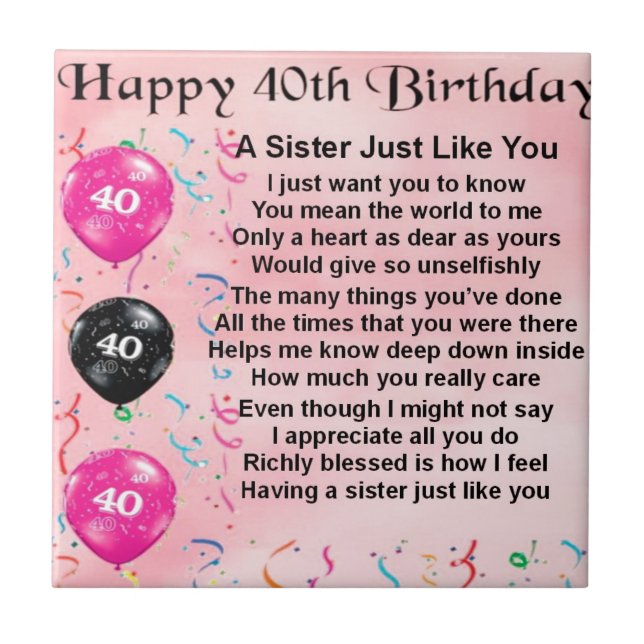 Sister Poem - 40th Birthday Tile (Front)
