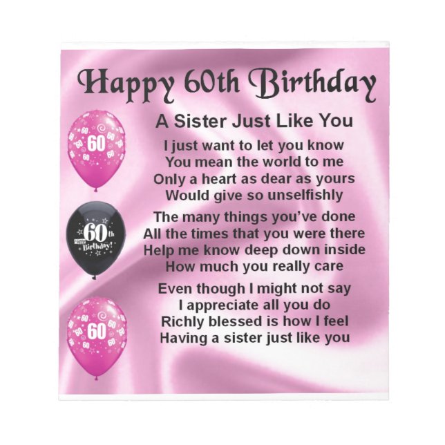 Sister poem  -  60th Birthday Notepad (Front)