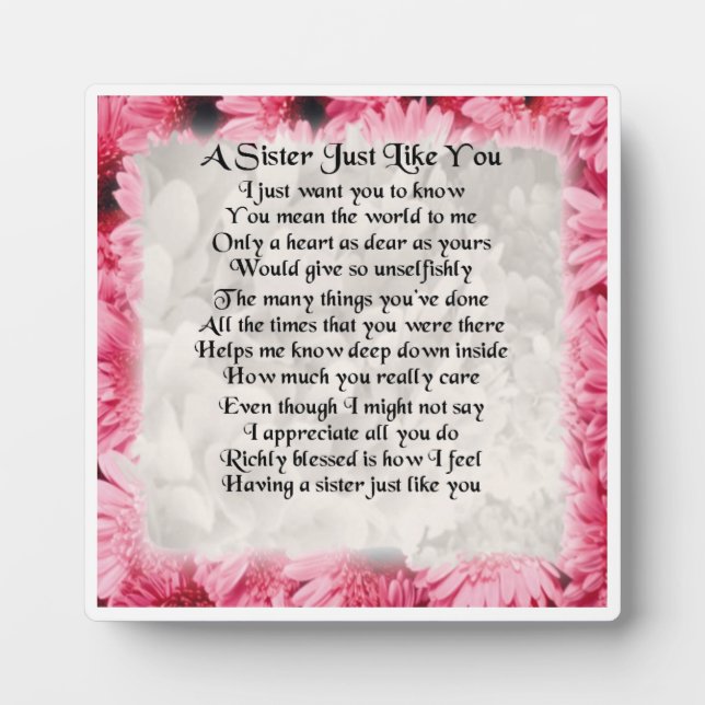 Sister Poem Plaque - Pink Floral  Design (Front)