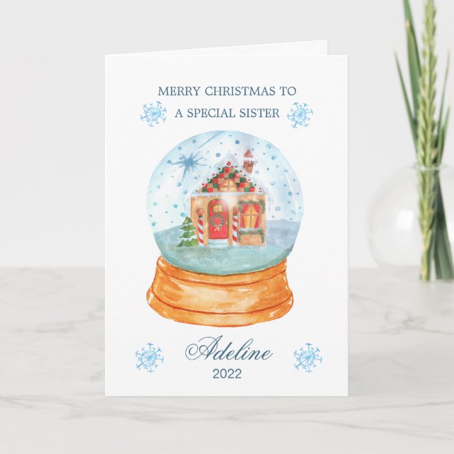  Sister Snow Globe Gingerbread House Christmas Holiday Card (Front)