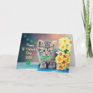 Sister St. Patrick’s Day Kitten w/ Yellow Daisies Card