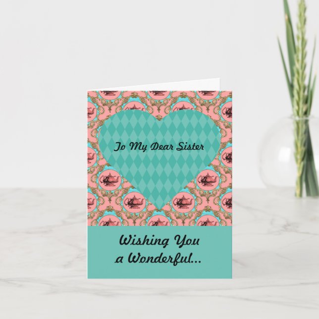 Sister Teal and Coral Teapot and Heart Valentines Holiday Card (Front)