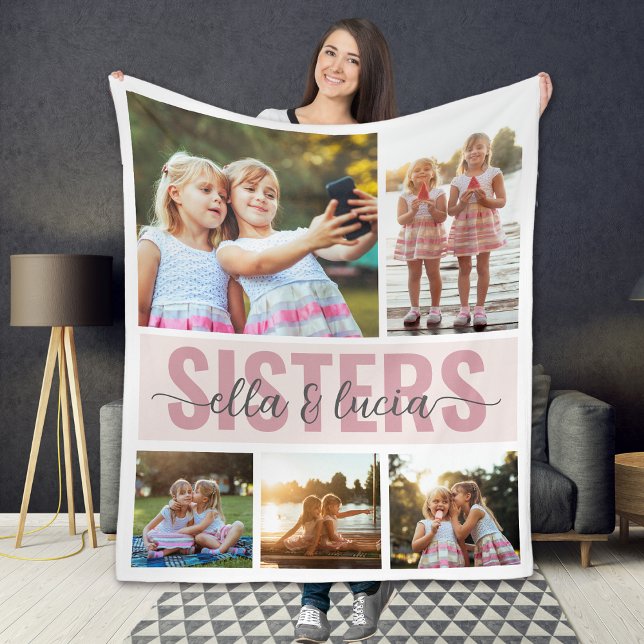 Sisters Add Your Names Photo Collage  Fleece Blanket (Creator Uploaded)