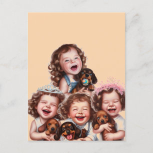 Sisters and dachshund puppies postcard