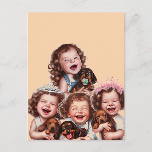 Sisters and dachshund puppies postcard (Front)