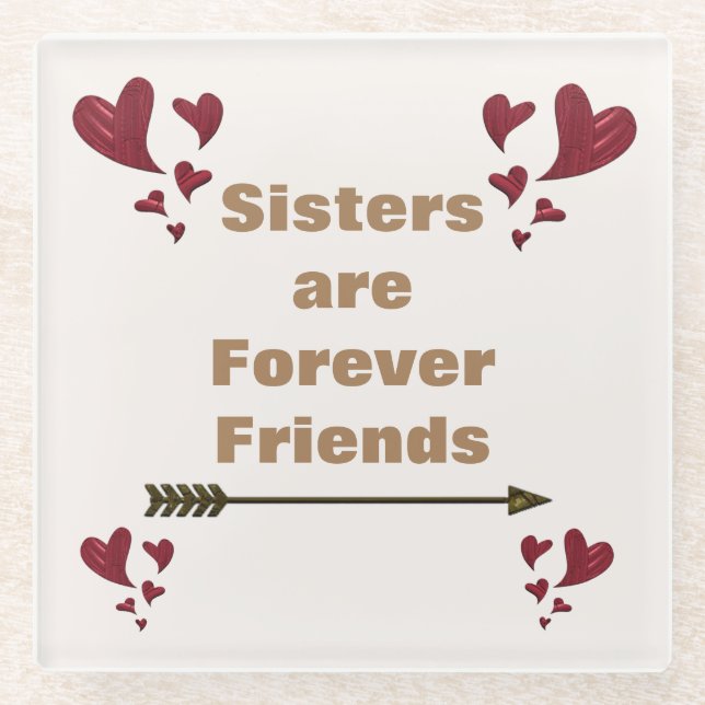 Sisters Are Forever Friends Bright Red Hearts Glass Coaster (Front)