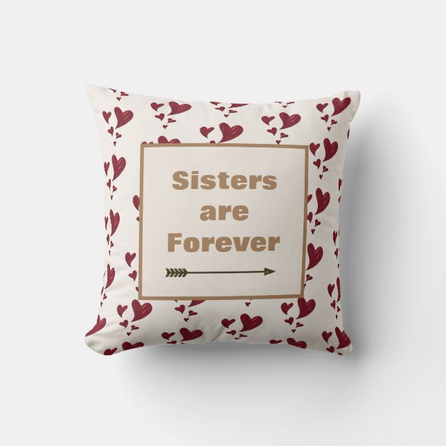 Sisters are Forever Gold Arrow Painted Red Hearts Cushion (Front)