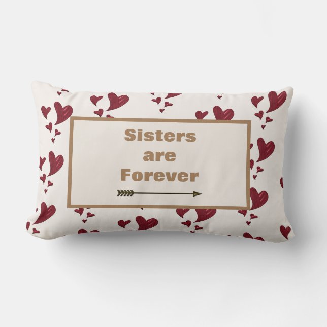 Sisters are Forever Gold Arrow Painted Red Hearts Lumbar Cushion (Front)