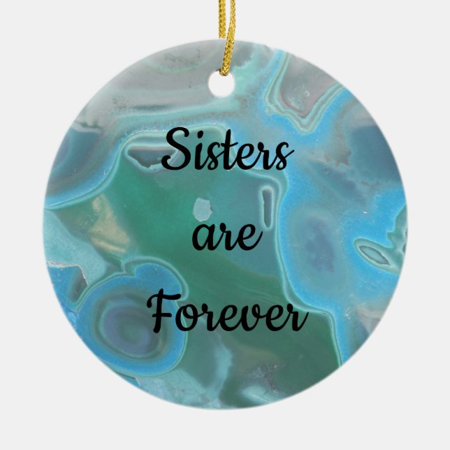 Sisters are Forever Light Blue Marbled Photo Gem Ceramic Tree Decoration (Front)