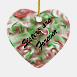 Sisters are Forever Red Green Swirl Abstract Ceramic Tree Decoration