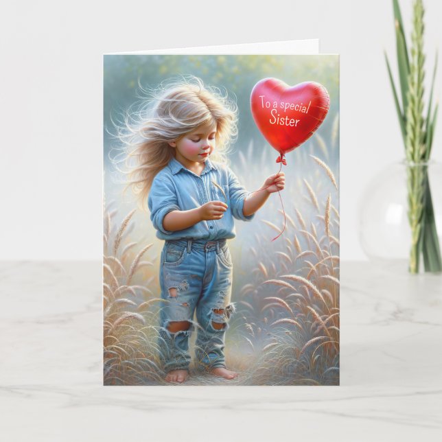 Sister's Birthday Red Heart Balloon Card (Front)