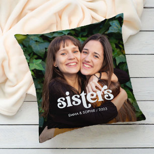 Sisters   Boho Text Overlay with Two Photos Cushion