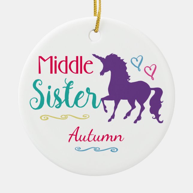 Sisters Colourful Unicorn Middle Sister Christmas Ceramic Tree Decoration (Front)