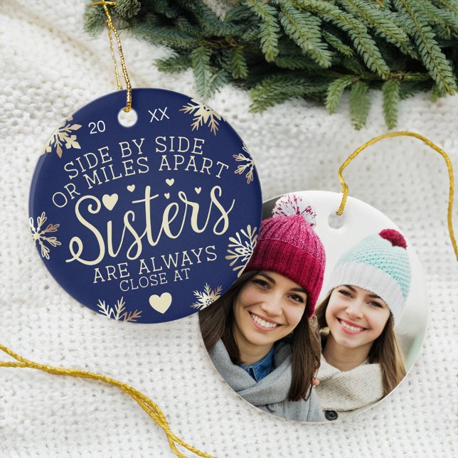 Sisters Connected At Heart Photo Keepsake Navy Ceramic Tree Decoration (Sisters Connected At Heart Photo Keepsake Navy Ceramic Ornament)