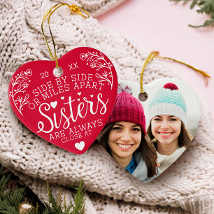 Sisters Connected At Heart Photo Keepsake Red Ceramic Tree Decoration