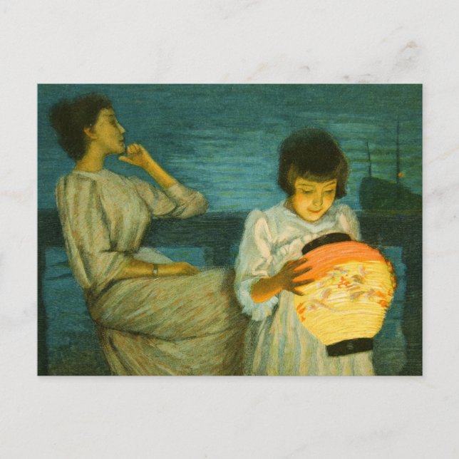 Sisters Evening Lantern Sclittgen Vintage Art Girl Postcard (Front)