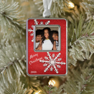 Sisters / Family Snowflake and Red Glitter Silver Plated Framed Ornament