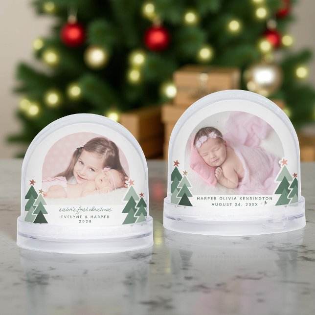 Sisters First Christmas Rustic Trees 2 Photos Snowglobe (Sisters First Christmas Rustic Trees 2 Photos Snow Globe)