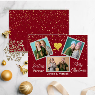 Sisters Forever Christmas Red Photo Collage Holiday Card