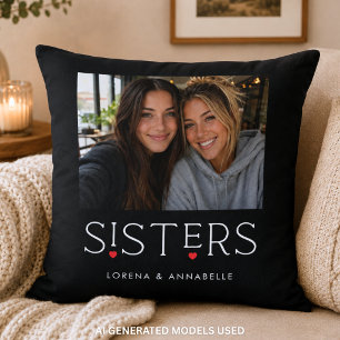 Sisters Heart Typography Black Photo Cushion