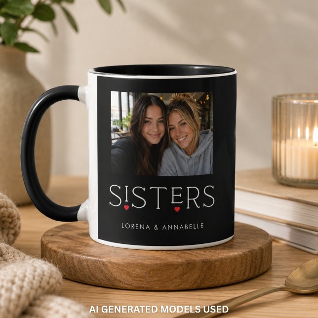 Sisters Heart Typography Black Photo Mug (Creator Uploaded)