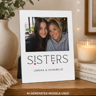 Sisters Heart Typography White Photo Plaque