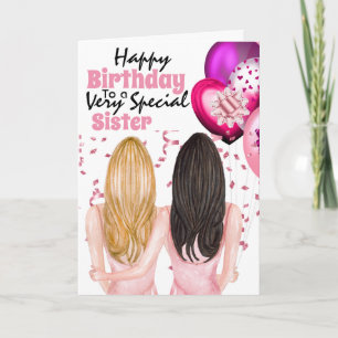 Sisters holding pink balloons confetti wishes card