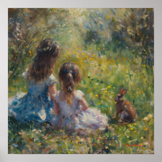 Sisters In The Meadow With Rabbit A. I. Painting Poster
