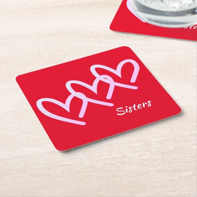 Sisters Love Red Heart Square Paper Coaster (Angled)
