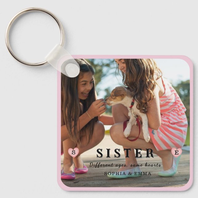 Sisters Photo Collage – Same Hearts Keychain (Front)