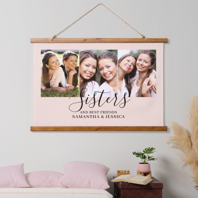 Sisters Photo Collage Wood Topped Wall Tapestry (Bedroom)
