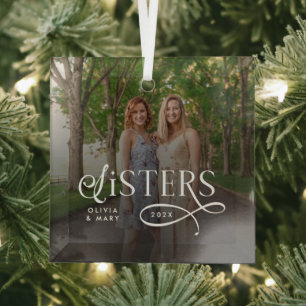 Sisters Photo Personalized Monogram Glass Tree Decoration