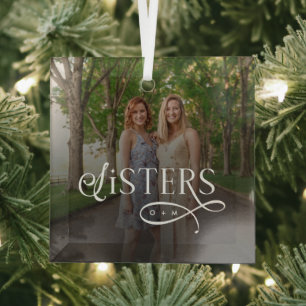 Sisters Photo Personalized Monogram Glass Tree Decoration