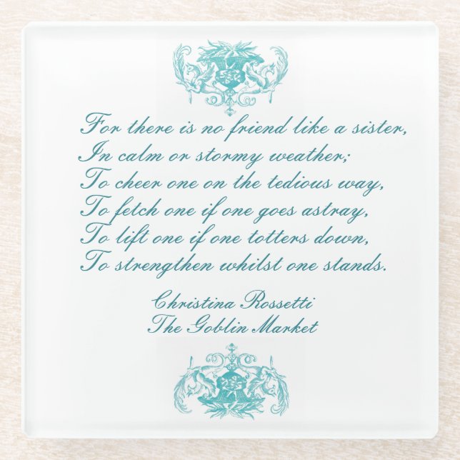 Sisters Poem by Christina Rosetti in blue ink Glass Coaster (Front)