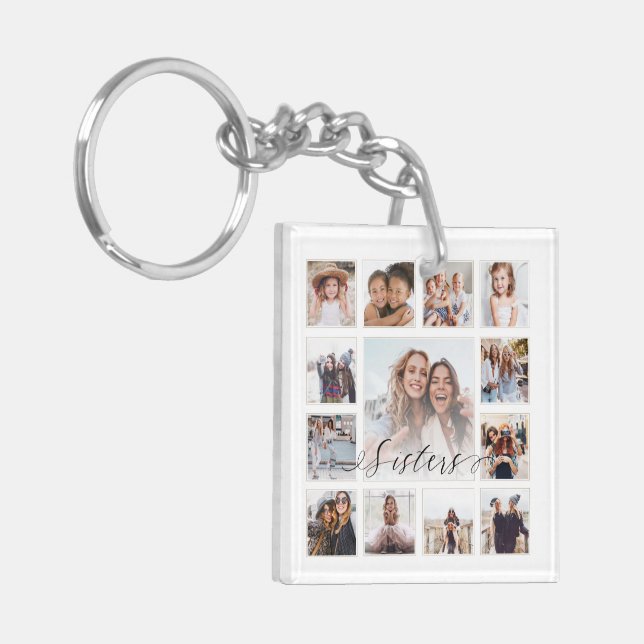 Sisters Script Family Memory Photo Grid Collage Key Ring (Front Left)