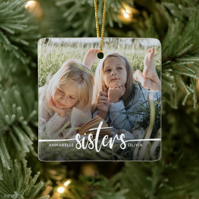 Sisters Script Modern Photo  Ceramic Ornament (Tree)