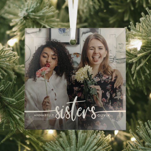 Sisters Script Modern Photo   Glass Tree Decoration (Insitu)