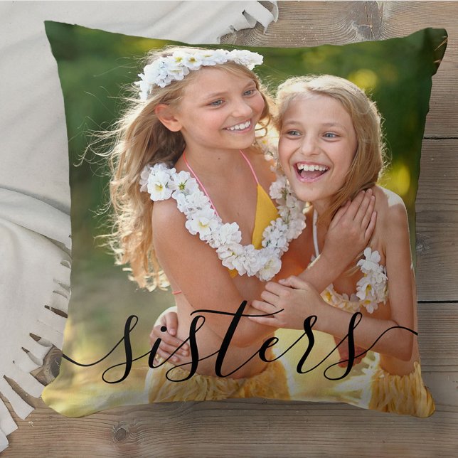 Sisters Script Overlay 2 Photo Personalised Cushion (Creator Uploaded)