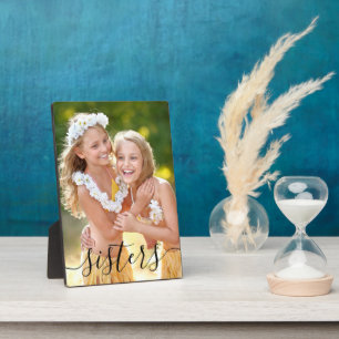 Sisters Script Overlay on Vertical Portrait Photo Plaque