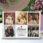 Sisters Script Quote Hot Pink Heart Photo Collage<br><div class="desc">Capture the beauty of sisterhood with the "Sisters Script Quote Hot Pink Heart Photo Collage Photo Block"! This elegant keepsake features the touching quote "Sisters are Different Flowers From the Same Garden" in black script, adorned with a vibrant hot pink heart. Personalise it with your names and up to 5...</div>