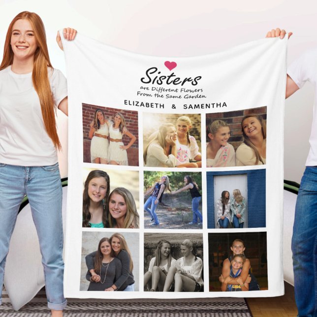 Sisters Script Quote Hot Pink Heart Photo Collage Fleece Blanket (Creator Uploaded)