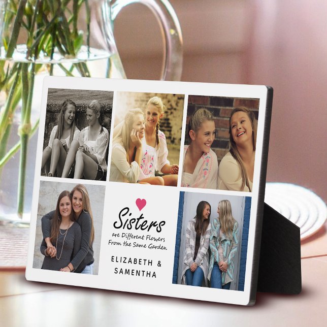 Sisters Script Quote Hot Pink Heart Photo Collage Plaque (Creator Uploaded)