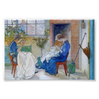 Sisters Sewing by the Fireplace