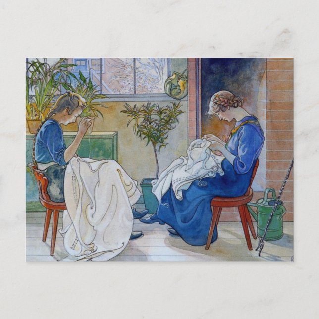 Sisters Sewing by the Fireplace Postcard (Front)