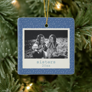 Sisters Simple Modern Blue Dots Customised Photo Ceramic Ornament
