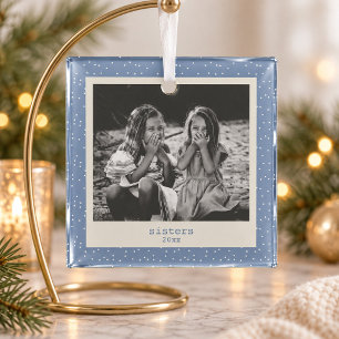 Sisters Simple Modern Blue Dots Customised Photo Glass Tree Decoration