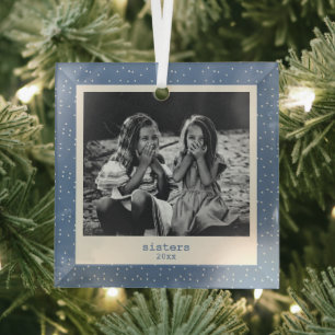 Sisters Simple Modern Blue Dots Customised Photo Glass Tree Decoration