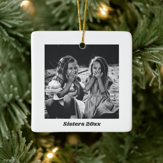 Sisters Simple Modern Minimalist Photo Christmas Ceramic Ornament (Tree)
