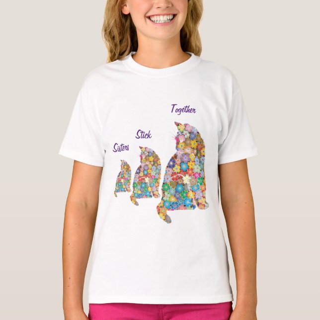 Sisters Stick Together 3 Kittens Kitty Cats Flower T-Shirt (Front)
